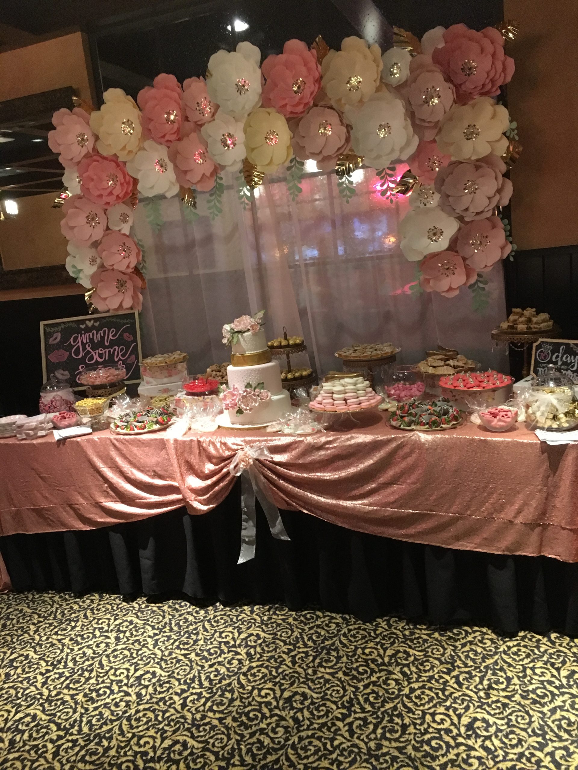 Dessert table with a floral paper backdrop