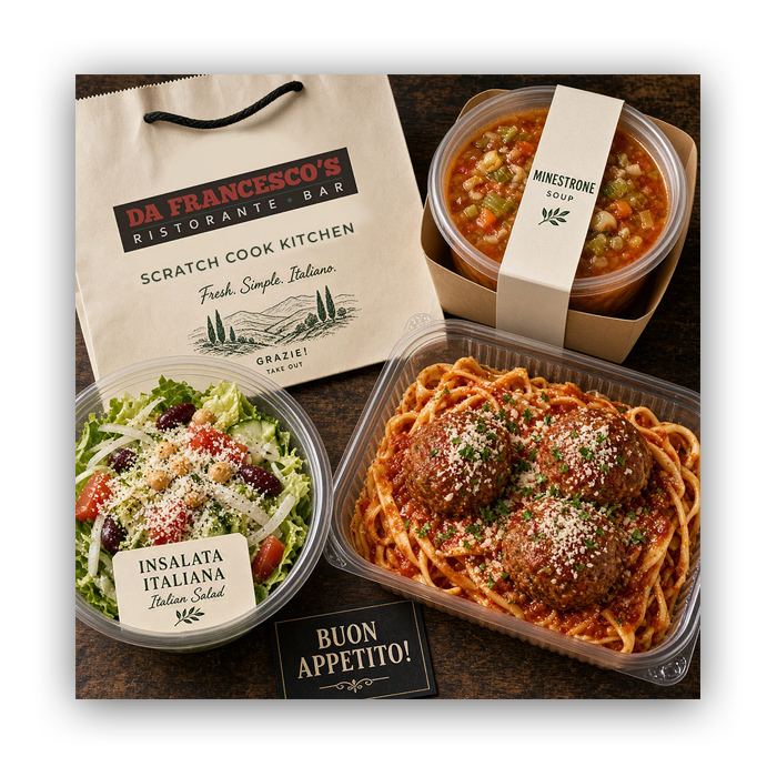 Da Francesco's carryout spread — a DA'S takeout bag with minestrone soup, Italian salad, and spaghetti and meatballs
